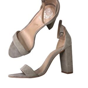 Vince Camuto Suede Shoes 8.5 Open Toe Block Heel Nude Neutral Office Casual